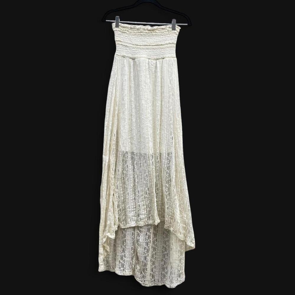 lace strapless high-low maxi dress